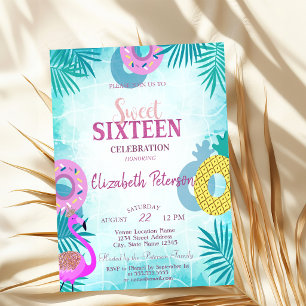 Flamingo Summer Pool Sweet 16 Party Invitation
