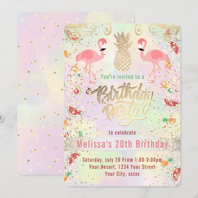 flamingo summer tropical birthday invitation (Front/Back)