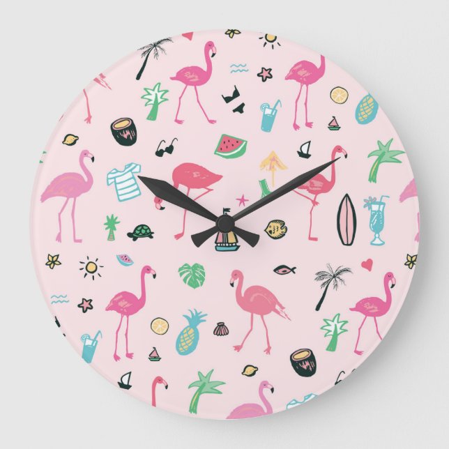 Flamingo Summer: Vibrant Bird Pattern Large Clock (Front)