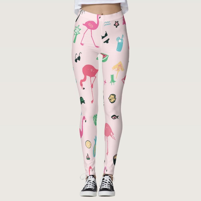Flamingo Summer: Vibrant Bird Pattern Leggings (Front)