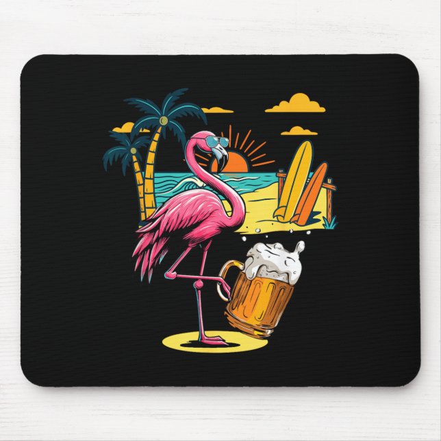 Flamingo Sunglasses Drinking Beer On Beach Funny Mouse Mat (Front)