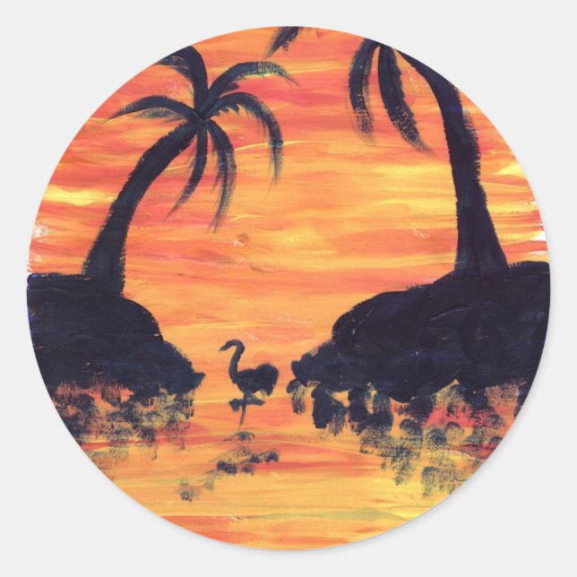Flamingo Sunset art by EelKat Classic Round Sticker (Front)