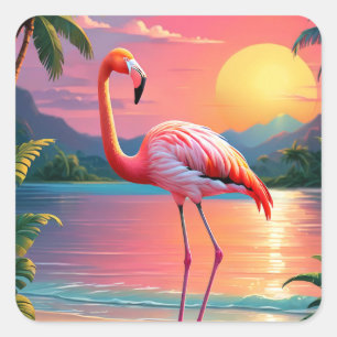 Flamingo Sunset Tropical Beach  Square Sticker