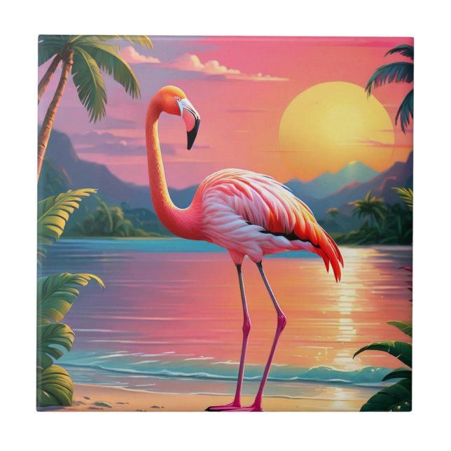 Flamingo Sunset Tropical Beach  Tile (Front)