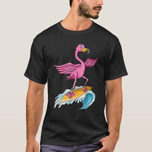 Flamingo Surfer Summer Waves Surfboard Surfing Sur T-Shirt (Front)