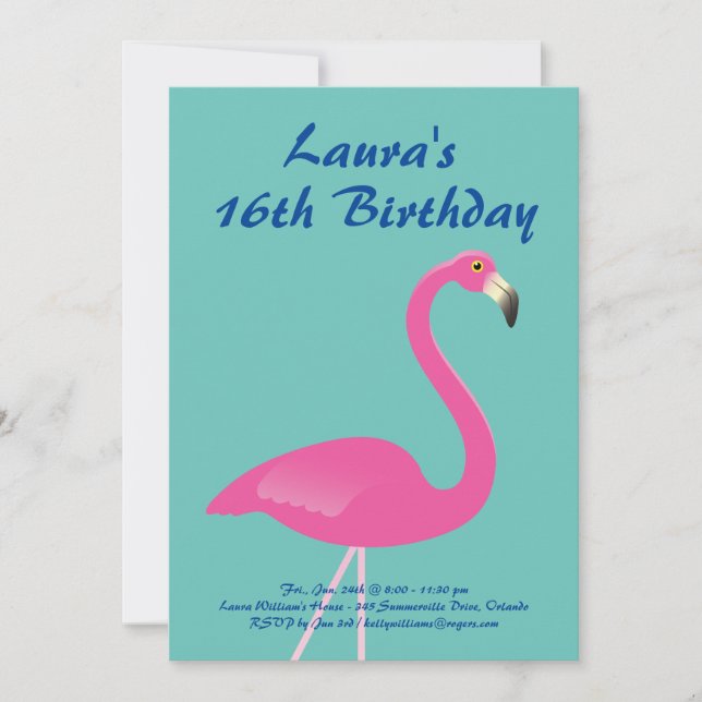 Flamingo Sweet 16 Birthday Party Invite- turquoise Invitation (Front)