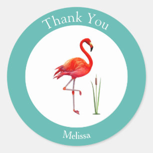 Flamingo Thank You on Light Blue & White Classic Round Sticker