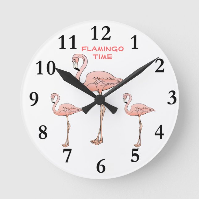 FLAMINGO TIME, 3 Pink Flamingo Birds Round Clock (Front)