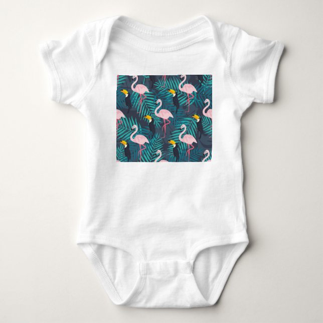 Flamingo, toucan: tropical leaf pattern baby bodysuit (Front)