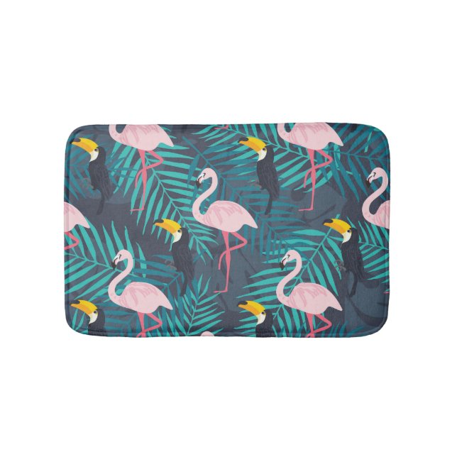 Flamingo, toucan: tropical leaf pattern bath mat (Front)