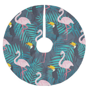 Flamingo, toucan: tropical leaf pattern brushed polyester tree skirt