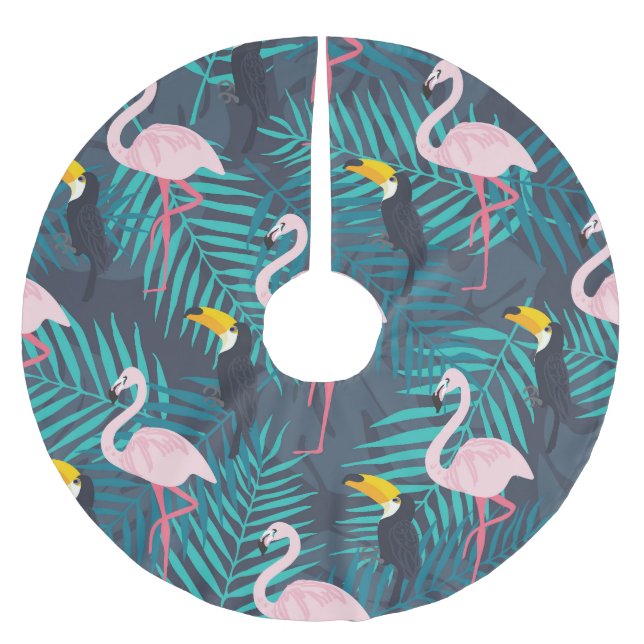 Flamingo, toucan: tropical leaf pattern brushed polyester tree skirt (Front)