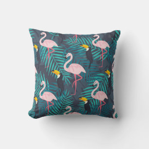 Flamingo, toucan: tropical leaf pattern cushion