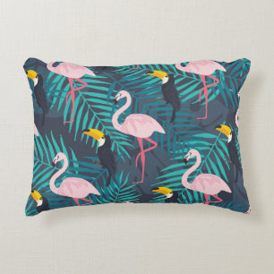 Flamingo, toucan: tropical leaf pattern decorative cushion
