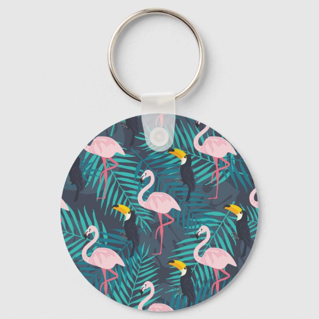 Flamingo, toucan: tropical leaf pattern key ring (Front)