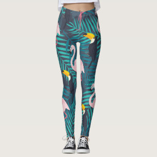 Flamingo, toucan: tropical leaf pattern leggings