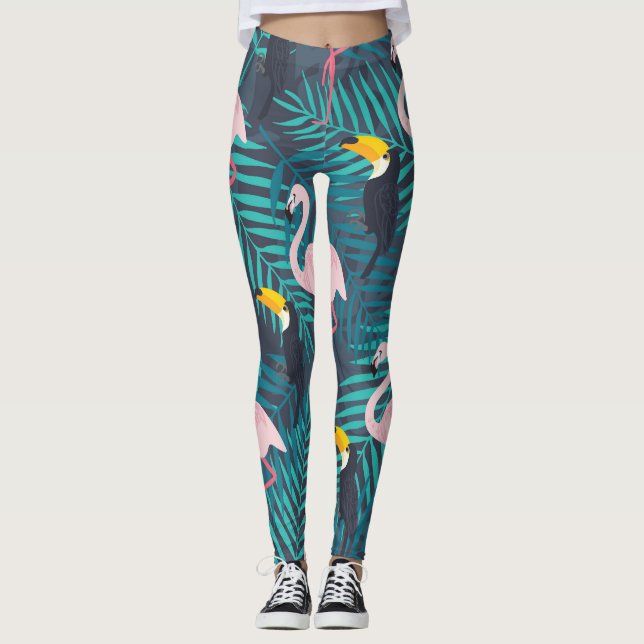 Flamingo, toucan: tropical leaf pattern leggings (Front)