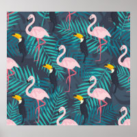 Flamingo, toucan: tropical leaf pattern