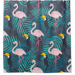 Flamingo, toucan: tropical leaf pattern shower curtain