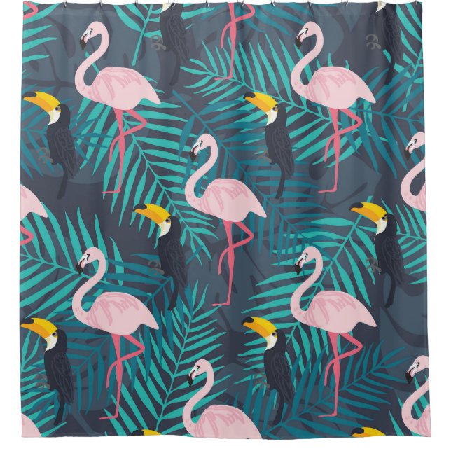 Flamingo, toucan: tropical leaf pattern shower curtain (Front)