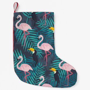 Flamingo, toucan: tropical leaf pattern small christmas stocking
