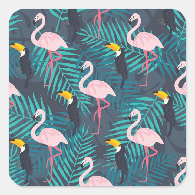 Flamingo, toucan: tropical leaf pattern square sticker (Front)