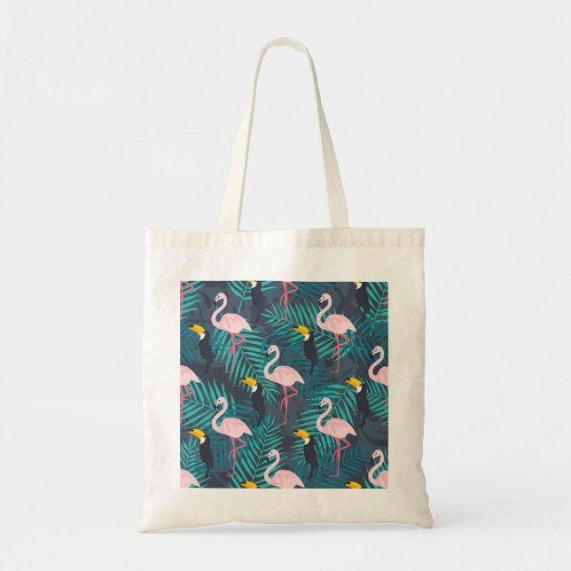 Flamingo, toucan: tropical leaf pattern tote bag (Front)
