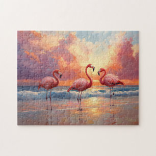 Flamingo Trio on the Beach Jigsaw Puzzle
