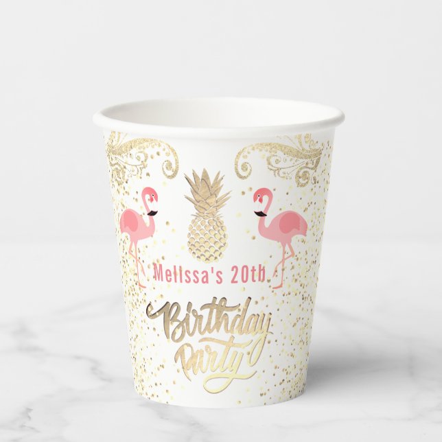 flamingo tropical birthday paper cups (Front)
