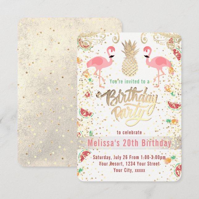 flamingo tropical birthday party invitation (Front/Back)