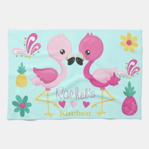 Flamingo Tropical Blue and Pink Tea Towel