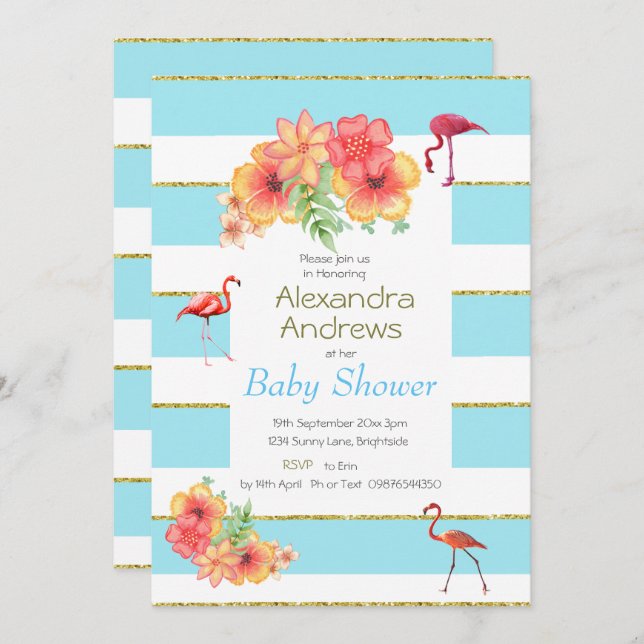 Flamingo Tropical  Blue Stripe Baby Shower Invitation (Front/Back)