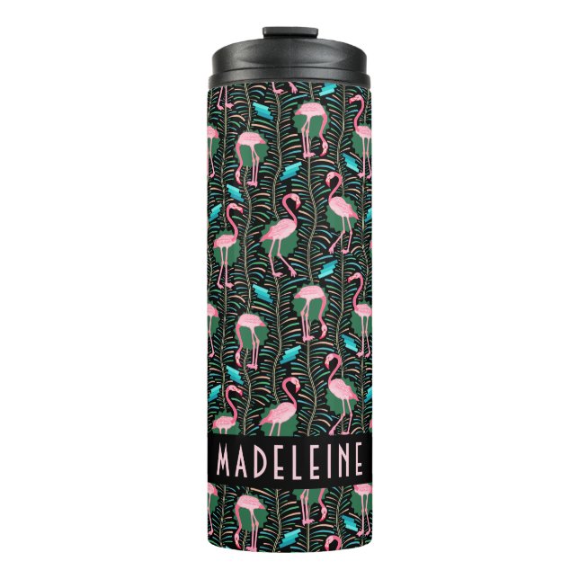 Flamingo Tropical Cute Black Pink Pattern Custom Thermal Tumbler (Front)