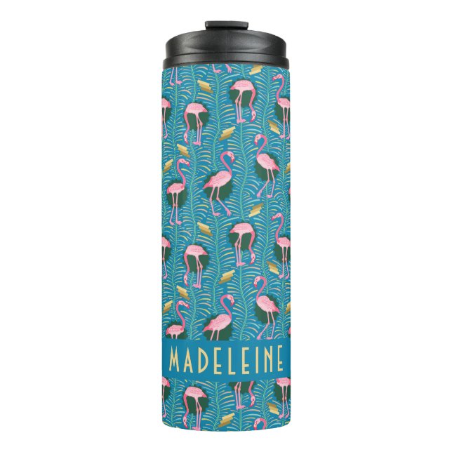 Flamingo Tropical Cute Teal Gold Pattern Custom Thermal Tumbler (Front)