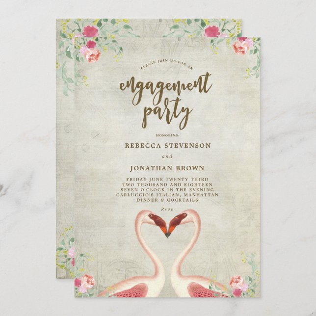 flamingo tropical engagement party invitation (Front/Back)
