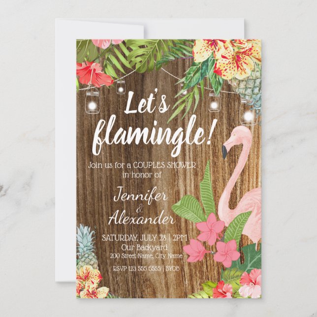 Flamingo tropical floral party personalise RSVP Invitation (Front)