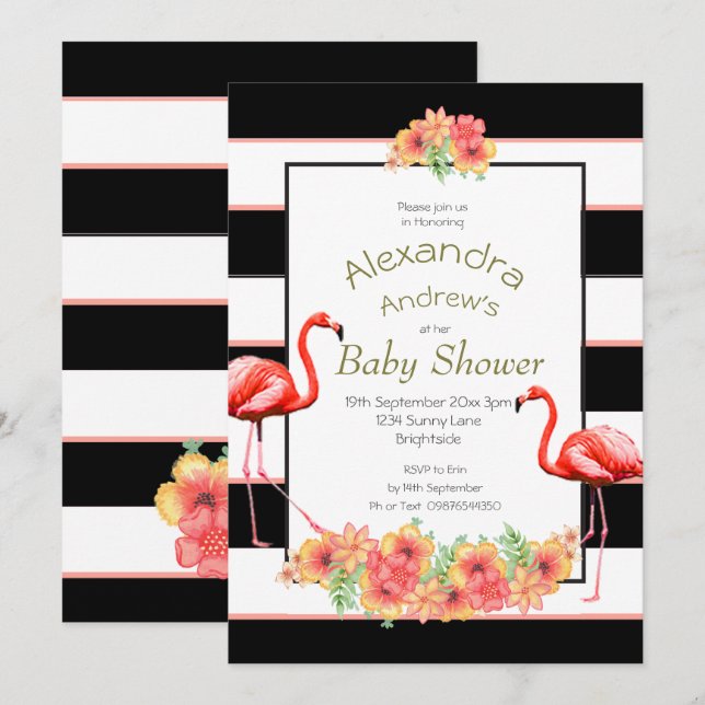 Flamingo Tropical Flowers Black Stripe Baby Shower Invitation (Front/Back)
