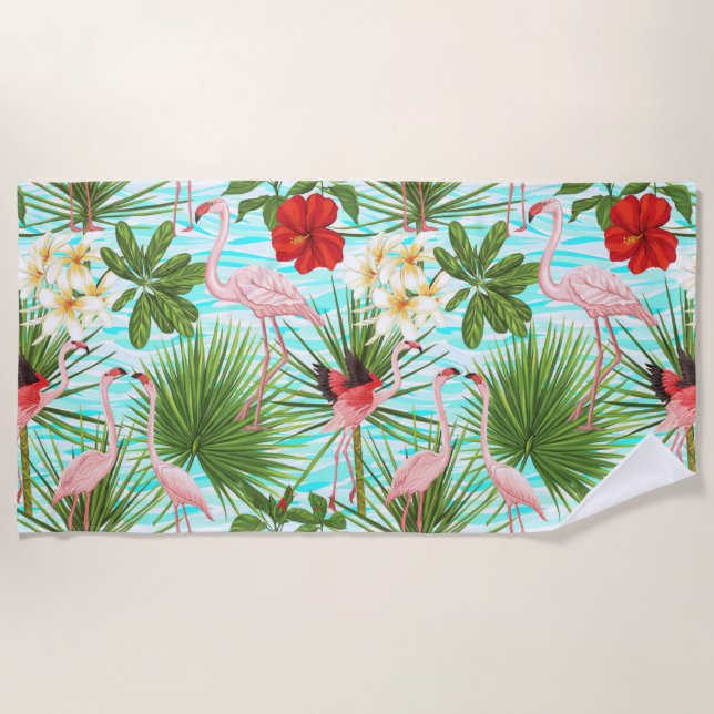 Flamingo Tropical Flowers Foliage Blue Background Beach Towel (Front)
