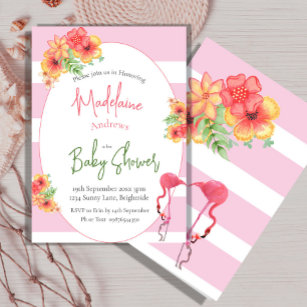 Flamingo Tropical Flowers Pink Stripe  Baby Shower Invitation