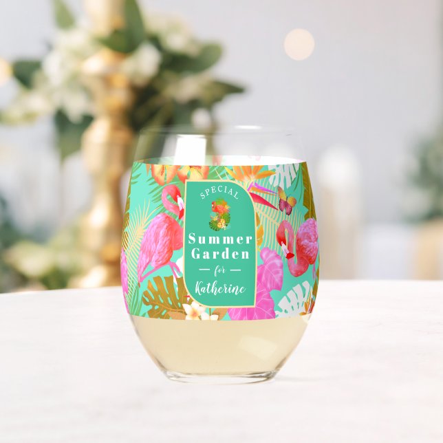 Flamingo Tropical Garden Teal Stemless Wine Glass (Insitu (Wedding))