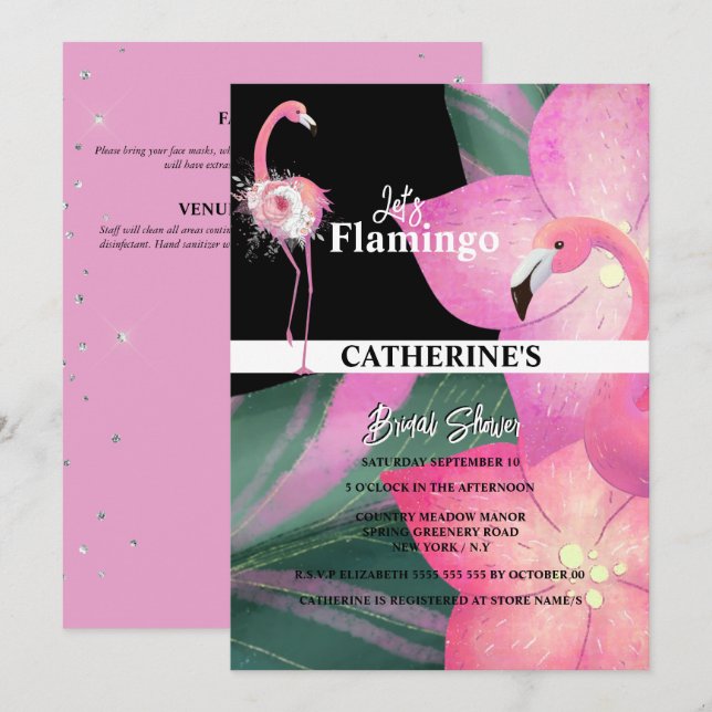Flamingo tropical glam floral bridal shower invitation (Front/Back)