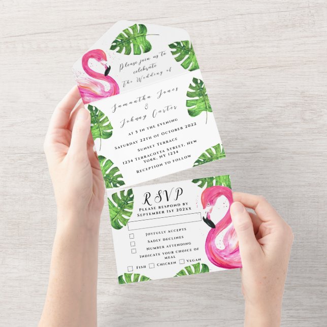 Flamingo Tropical Hawaiian Leaves Floral Wedding All In One Invitation (Tearaway)