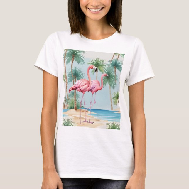 Flamingo Tropical Island Tshirt Beach Palmtrees (Front)