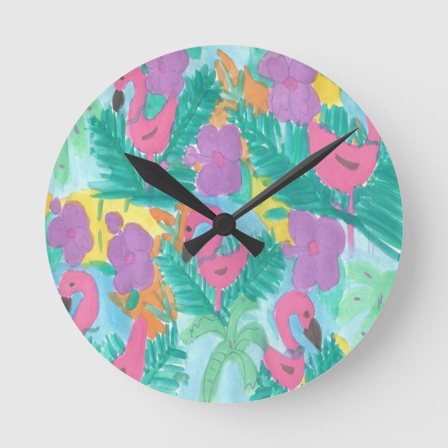 Flamingo Tropical Jungle Pattern Round Clock (Front)