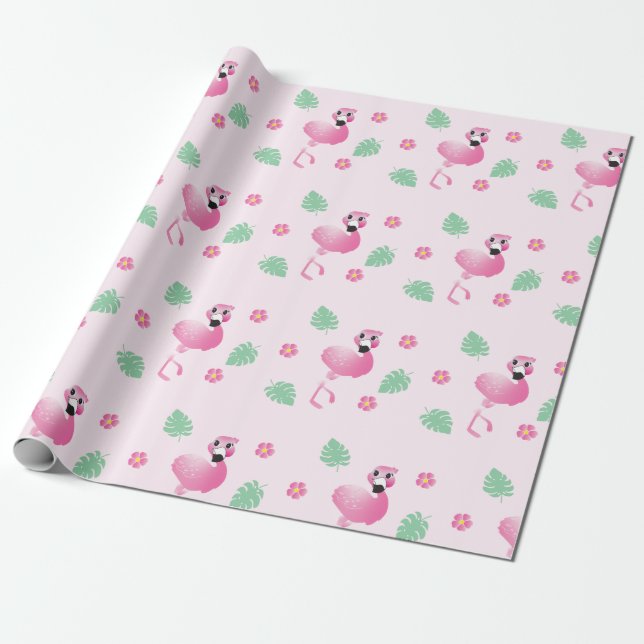 Flamingo Tropical Leaf Flowers Pattern Light Pink Wrapping Paper (Unrolled)