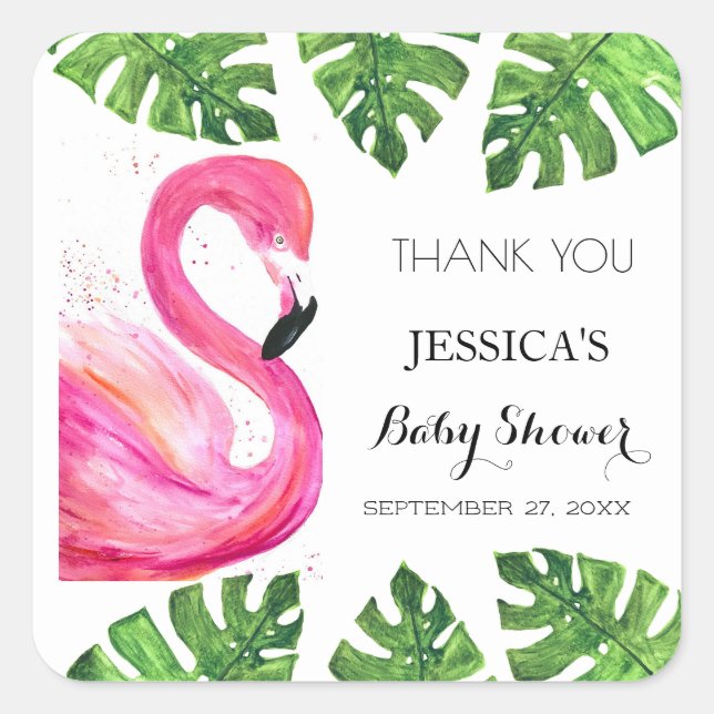 Flamingo Tropical Leaves Baby Shower Party Favour Square Sticker (Front)