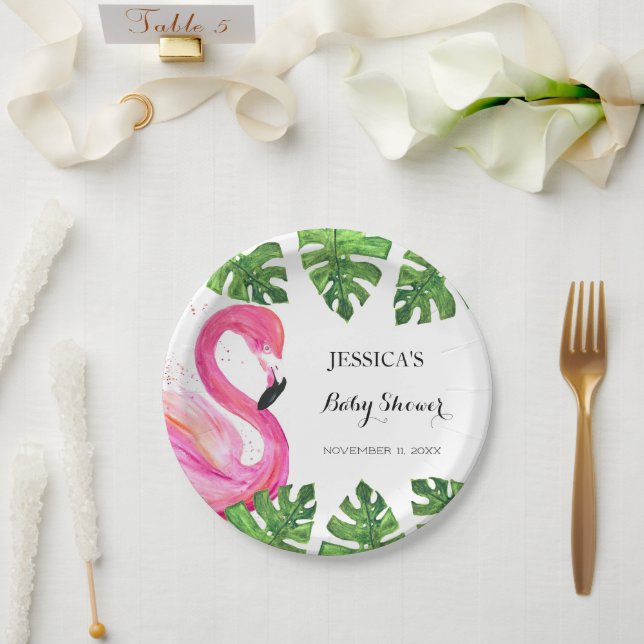 Flamingo Tropical Leaves Baby Shower Party Paper Plate (Wedding)