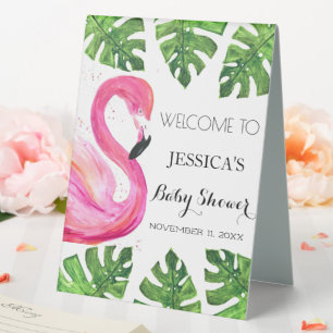 Flamingo Tropical Leaves Baby Shower Welcome Sign