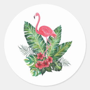 Flamingo tropical leaves classic round sticker
