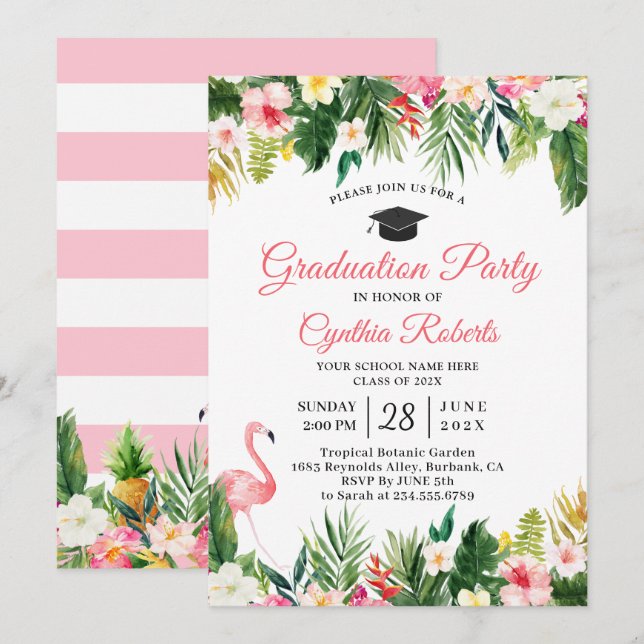 Flamingo Tropical Leaves Floral Graduation Party Invitation (Front/Back)